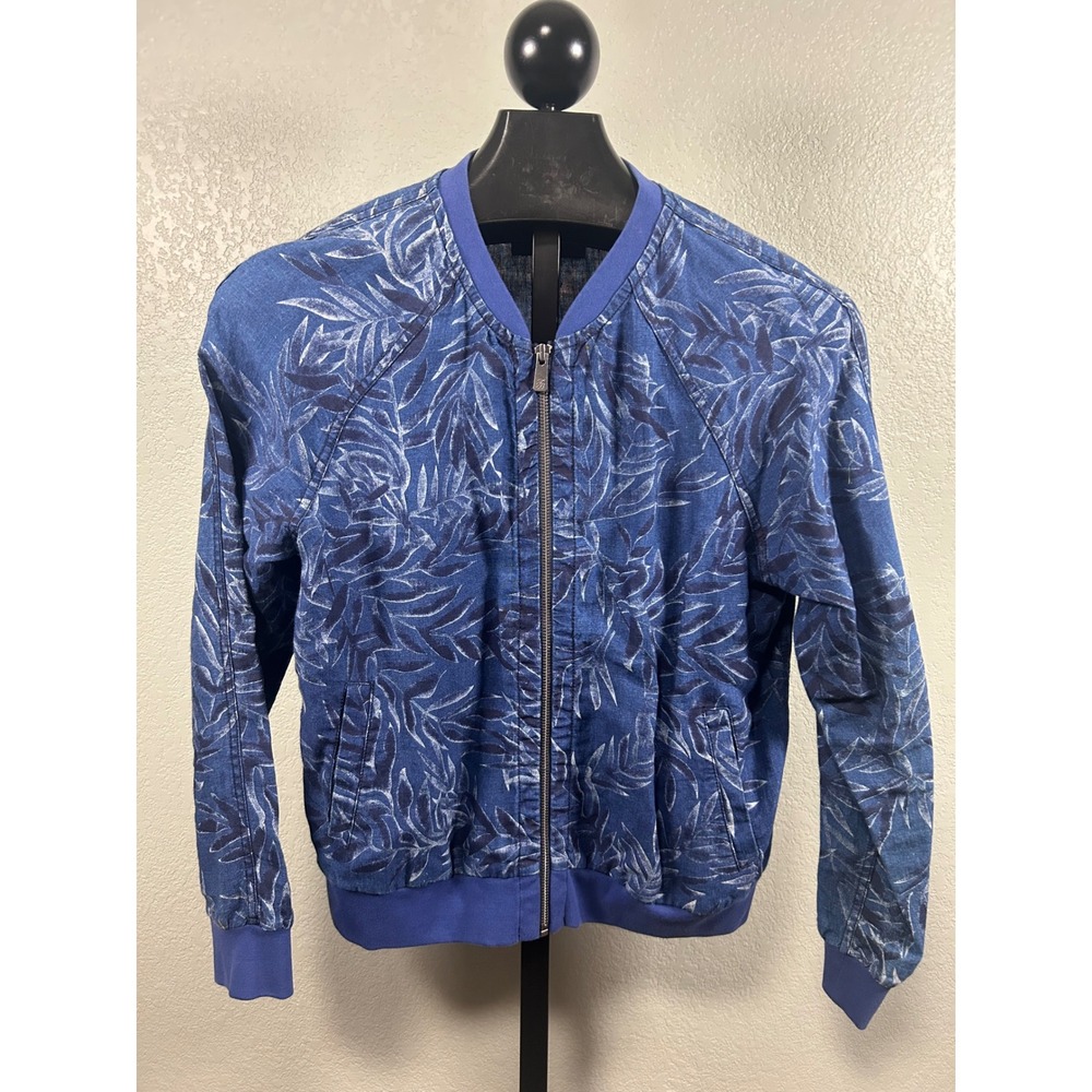 Tommy Bahama Blue Tropical Leaf Print 100% Linen Bomber Jacket Womens Medium